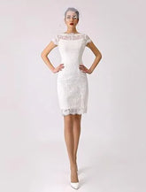 Short Wedding Dress with Boat Neck, Short Sleeves and Buttoned Back Modern Bridal Gowns ow Satin Court Train Sleeves Bridal Gown Princess White Vestido De Novia Mermaid Satin